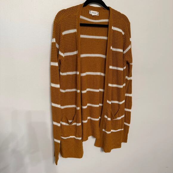 Mustard Yellow Pink Rose Medium Striped Open Cardigan Knit - Picture 1 of 2